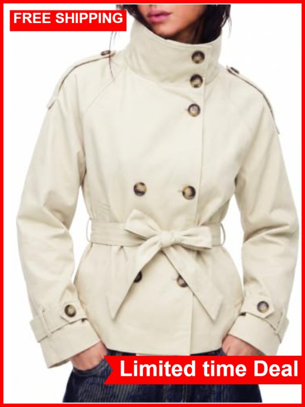 Cropped Trench Coat Double Breasted High Neck Jacket Polyester Viscose
